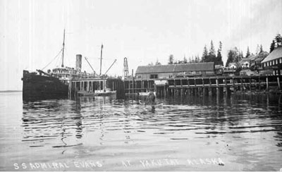 The passenger liner Admiral Evans, formerly the S.S. Buckman, docked at Yukutat, Alaska, in 1923.